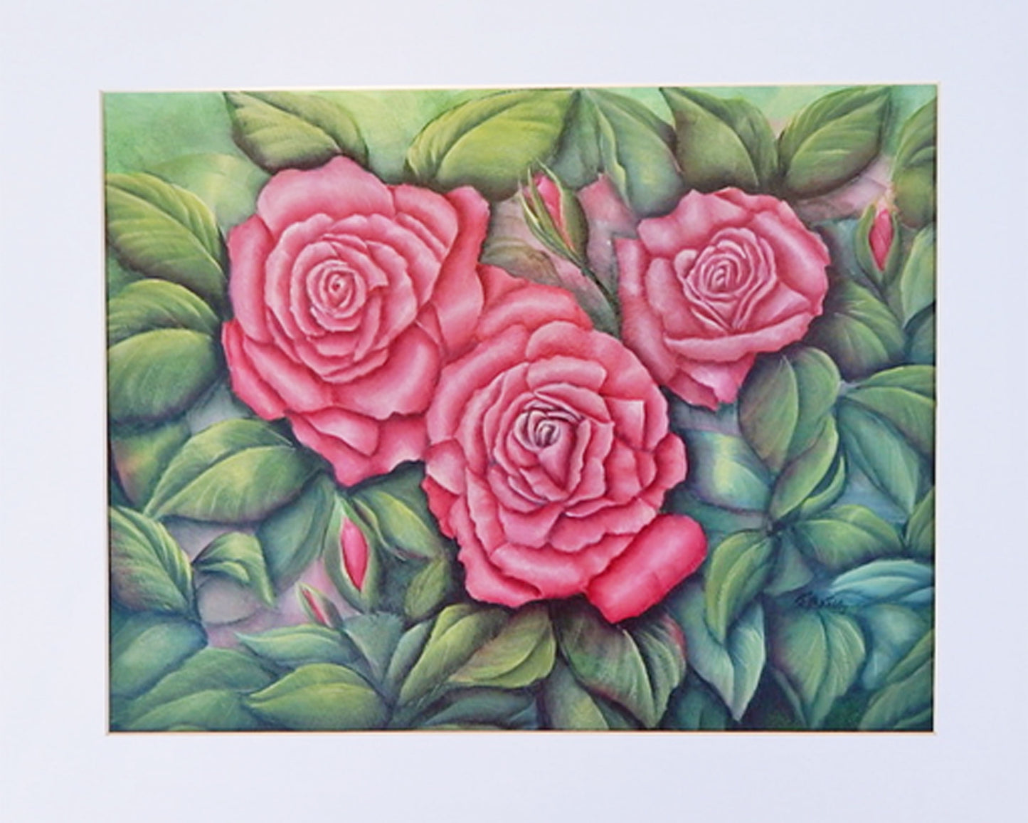 Three Roses Painting, Roses Original Painting, 11 x 14 " Matted 16 x 20 inches, Three Pink Roses Acrylic Painting, Pink Rose Home Decor Art