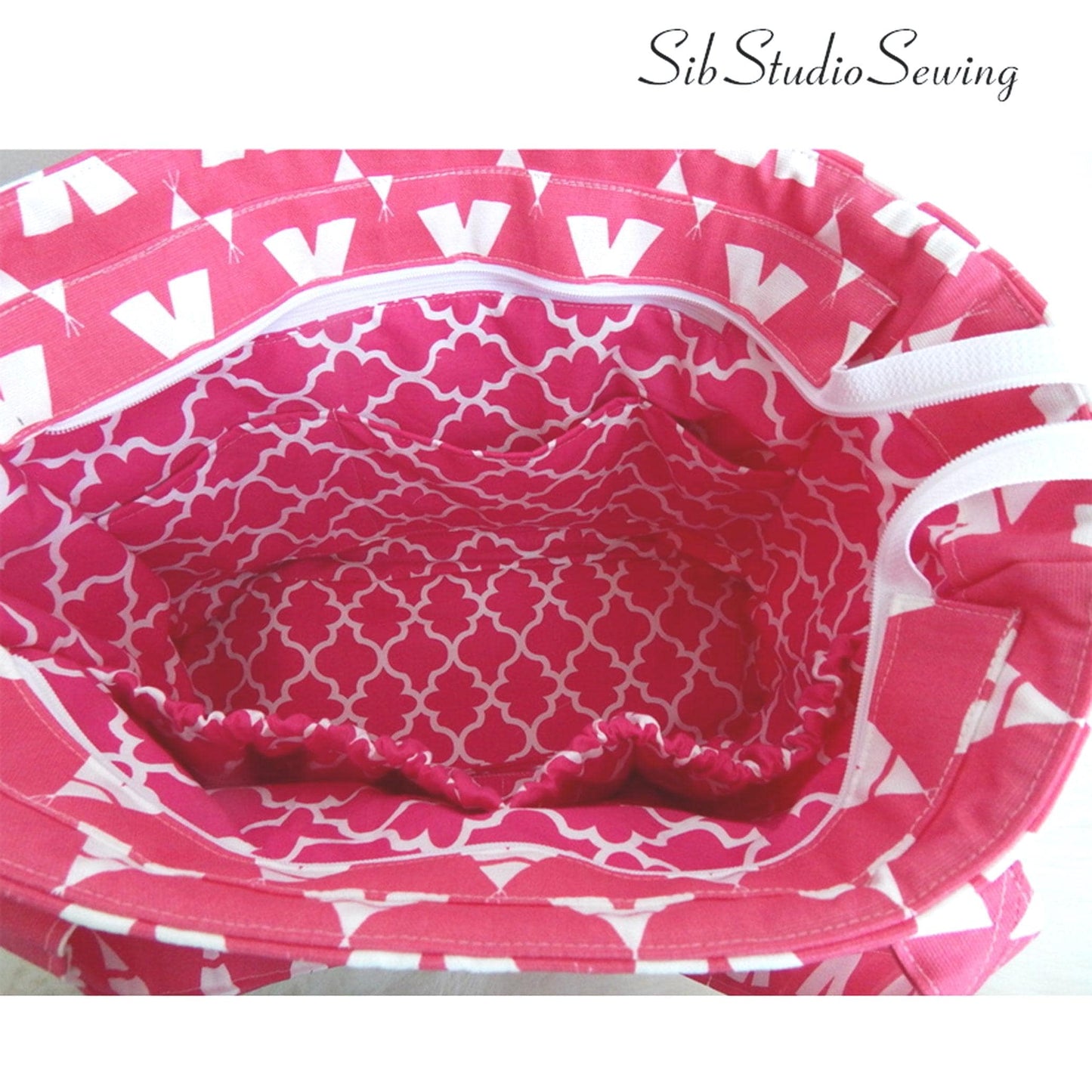 Pink Tents Tote Bag: Large Zippered Work or Daycare Bag, 15.5" W x 12" H x 5.5" D, Lots of Pockets