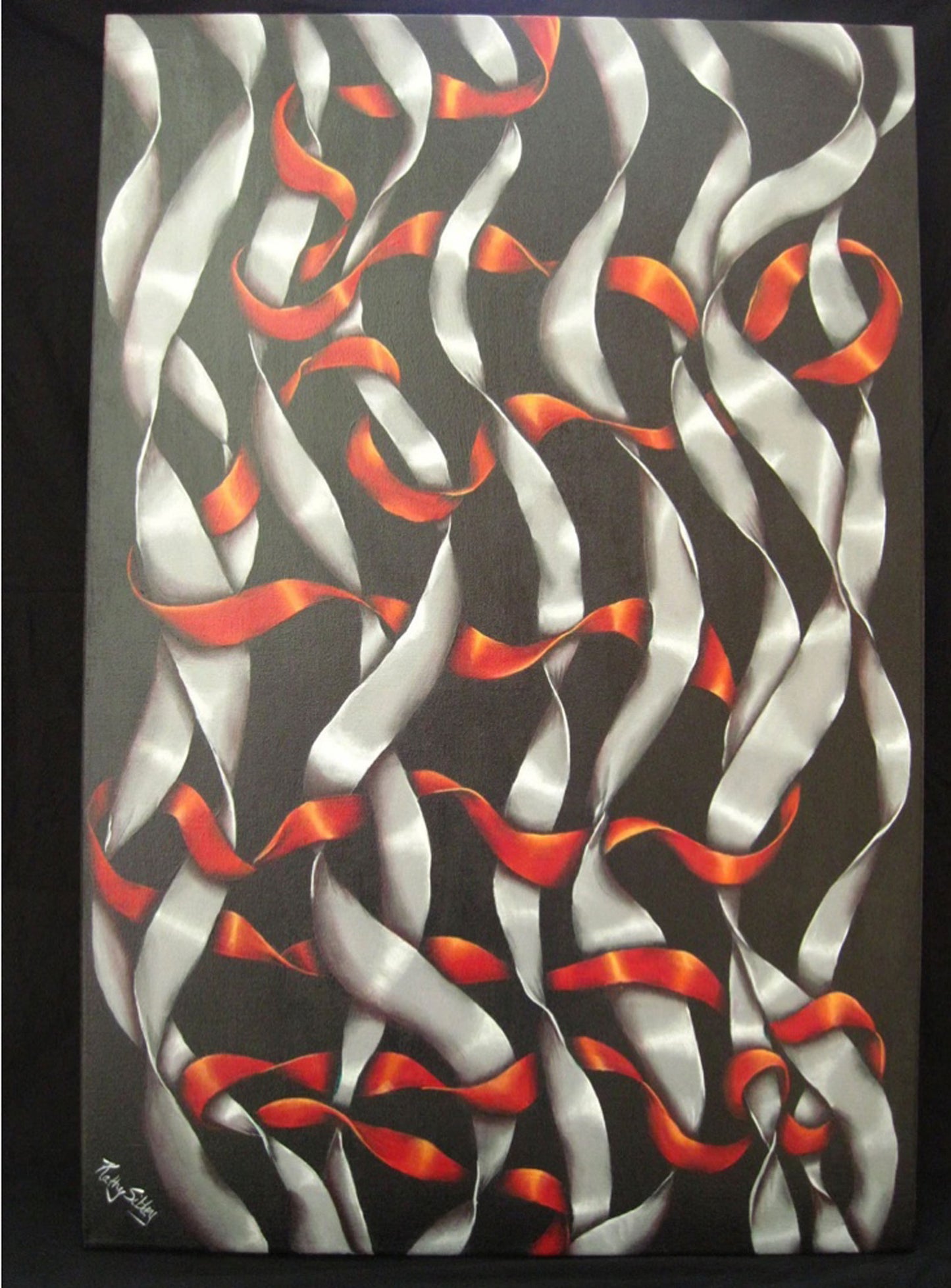 Twisting Ribbons Painting, Original Acrylic Painting , 24 x 36 inches, Gallery Wrapped Canvas, Silver, Red and Black Ribbon Wall Art