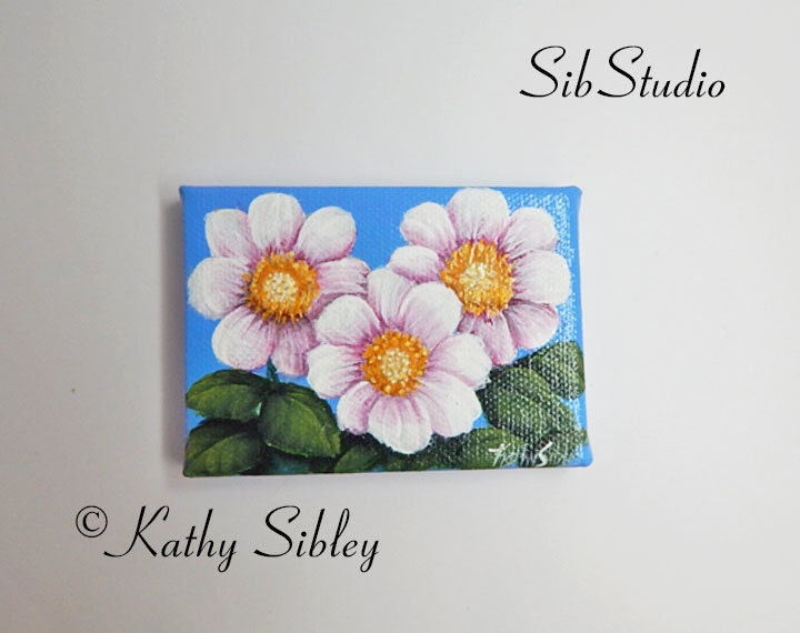 Dahlias Miniature Painting, Original Artwork, 2.5 x 3.5 inches ( 63.5 x 88.9mm ), Original Acrylic Painting, Patio Dahlias Painting