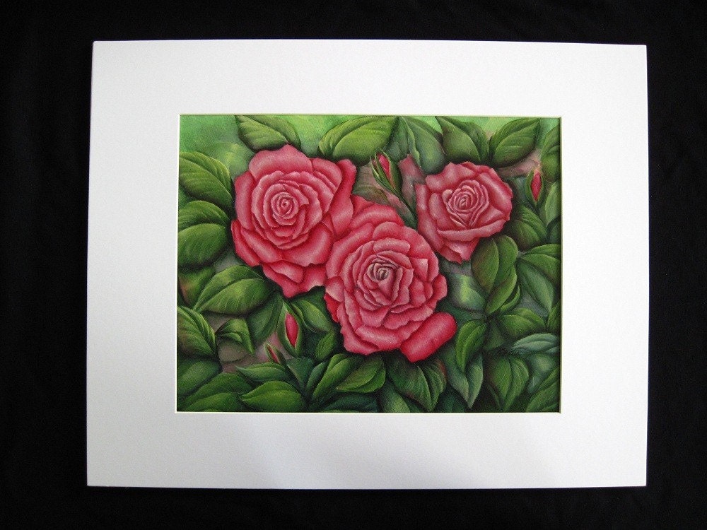 Three Roses Painting, Roses Original Painting, 11 x 14 " Matted 16 x 20 inches, Three Pink Roses Acrylic Painting, Pink Rose Home Decor Art