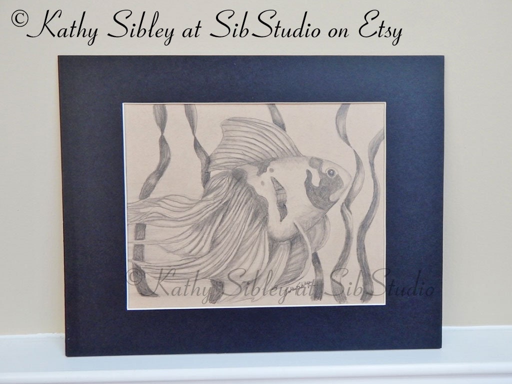 Goldfish Original Drawing, Matted 11 x 14, Graphite Drawing on Tan Vellum Paper, Goldfish Graphite Art, Goldfish Wall Art, Goldfish Drawing