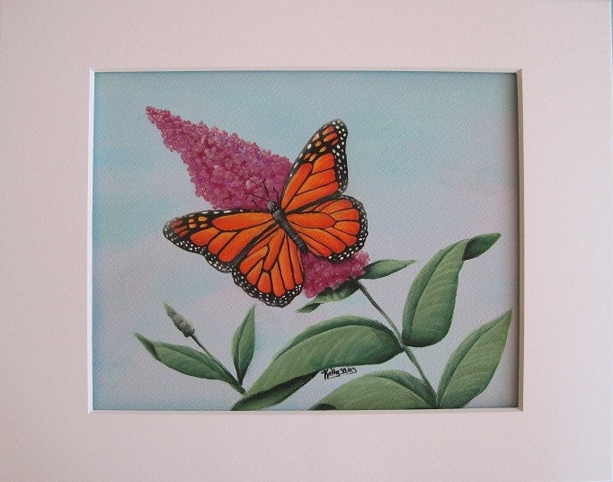 Monarch Butterfly Painting, Original Acrylic Painting, Matted 11 x 14", Monarch Butterfly on Butterfly Bush, Butterfly Art
