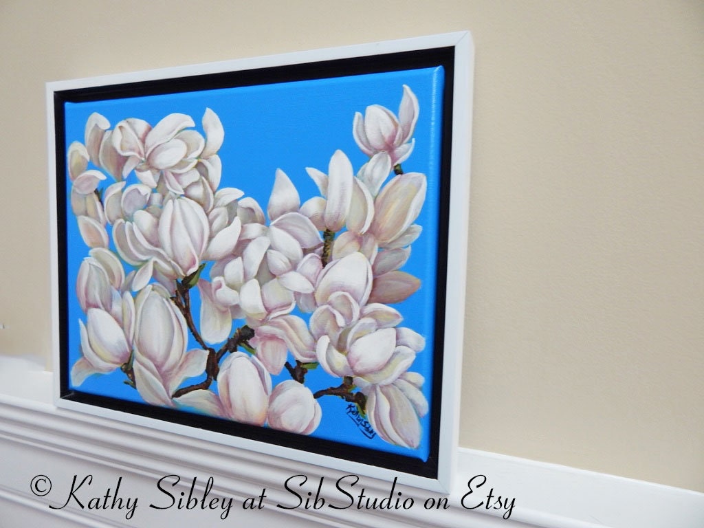 Magnolia Flower Painting, Original Acrylic Painting, 14 x 11 inches, Canvas, Framed, Magnolia Blossom Home Decor, Magnolia Painting