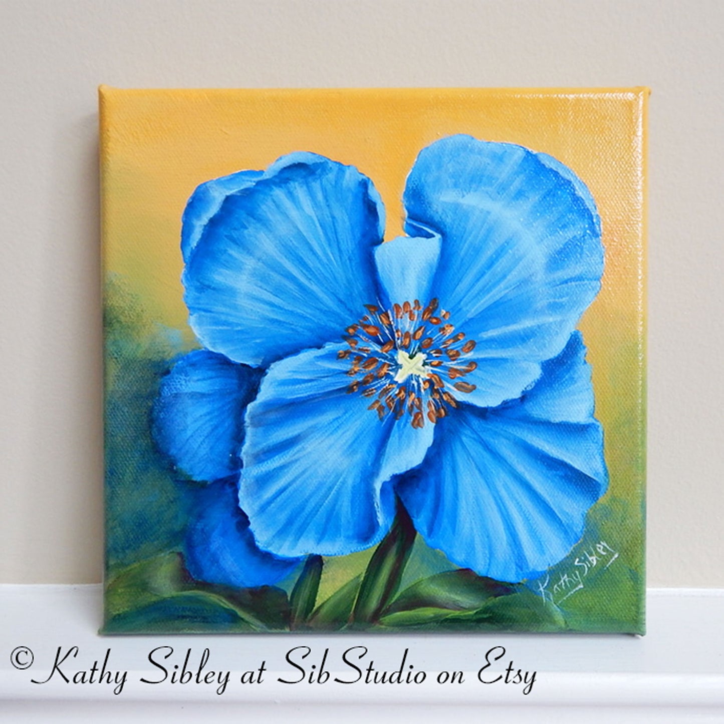 Blue Poppy Painting, Original Acrylic Painting, 8 x 8 inches, Gallery Wrapped Canvas, Poppy Wall Art, Blue Poppy Art, Blue Poppy Wall Decor