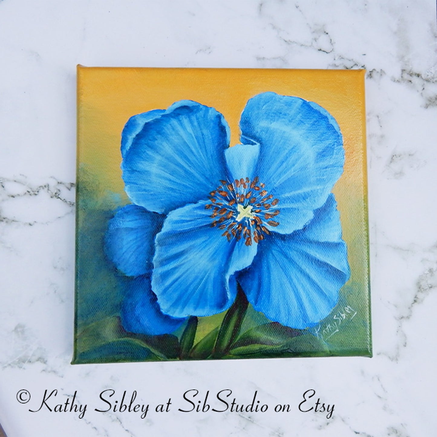 Blue Poppy Painting, Original Acrylic Painting, 8 x 8 inches, Gallery Wrapped Canvas, Poppy Wall Art, Blue Poppy Art, Blue Poppy Wall Decor