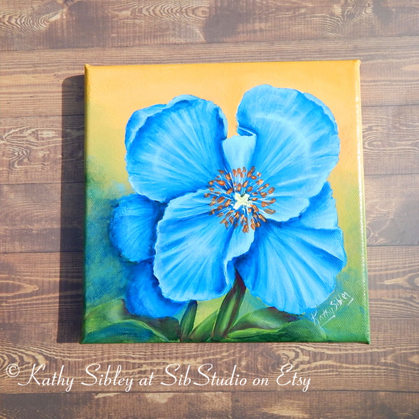 Blue Poppy Painting, Original Acrylic Painting, 8 x 8 inches, Gallery Wrapped Canvas, Poppy Wall Art, Blue Poppy Art, Blue Poppy Wall Decor