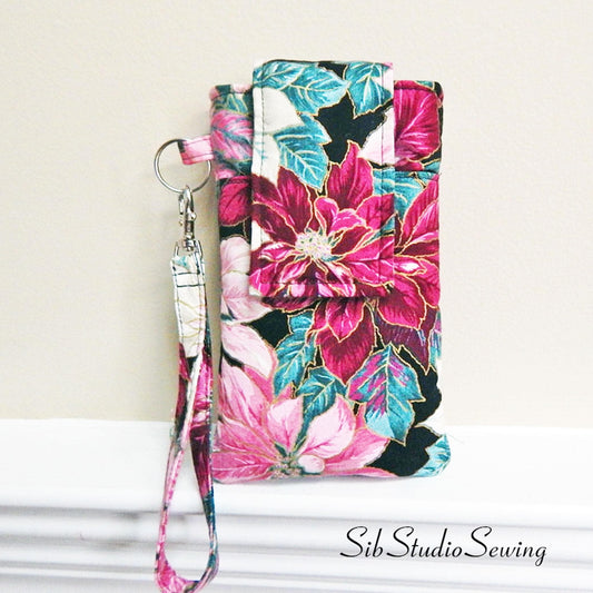 Poinsettias Phone Wristlet: Christmas Clutch with Key Ring, Fits iPhone 16, 15, Smartphones up to 6.5" x 3.25", Pocket