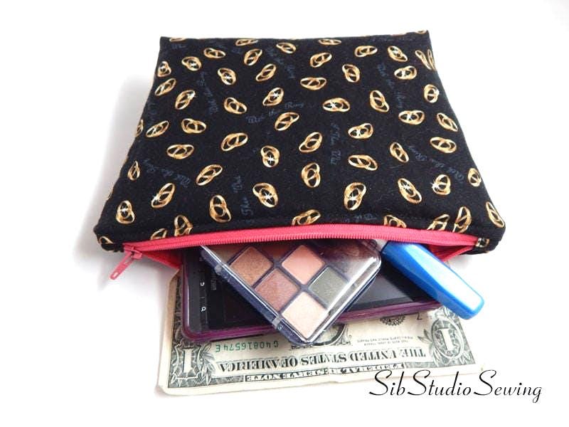 Wedding Ring Bag: Bride Makeup Cosmetic Bag with Pink Satin Lining, 9 x 6 x 2 inches, Zipper Closure
