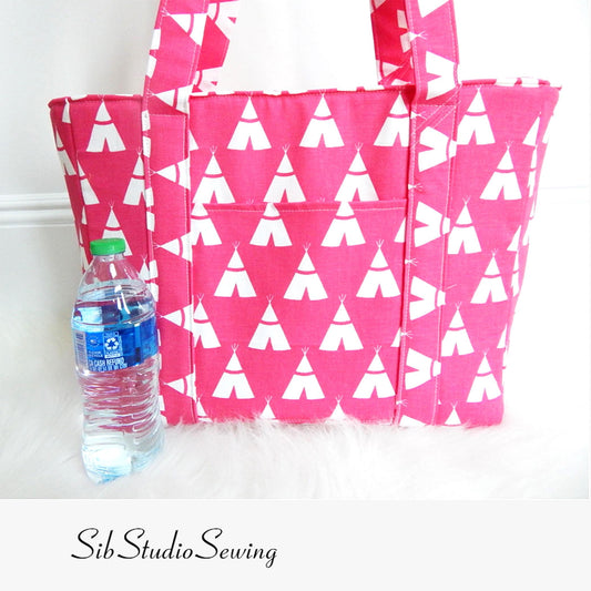 Pink Tents Tote Bag: Large Zippered Work or Daycare Bag, 15.5" W x 12" H x 5.5" D, Lots of Pockets