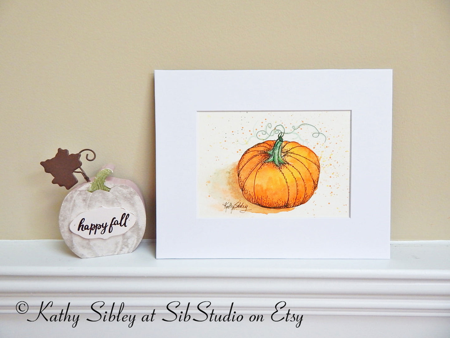 October Pumpkin Painting, Ink and Watercolor Art, 5 x 7 ", 8 x 10" Matted, Watercolor & Ink on Watercolor Paper, Pumpkin Wall Art