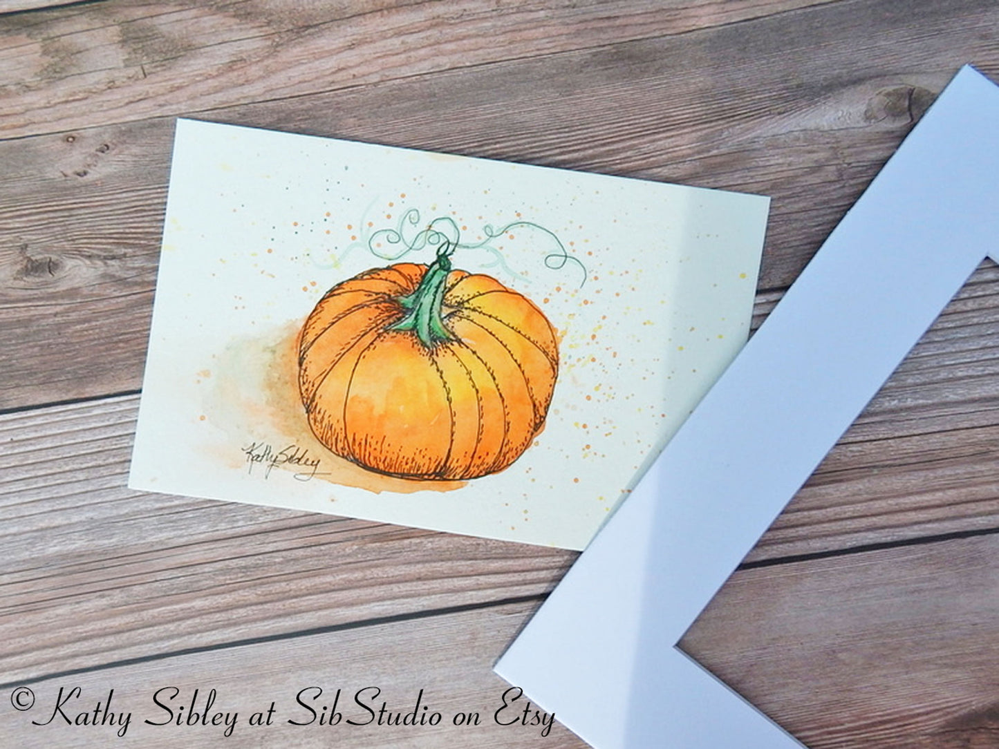 October Pumpkin Painting, Ink and Watercolor Art, 5 x 7 ", 8 x 10" Matted, Watercolor & Ink on Watercolor Paper, Pumpkin Wall Art