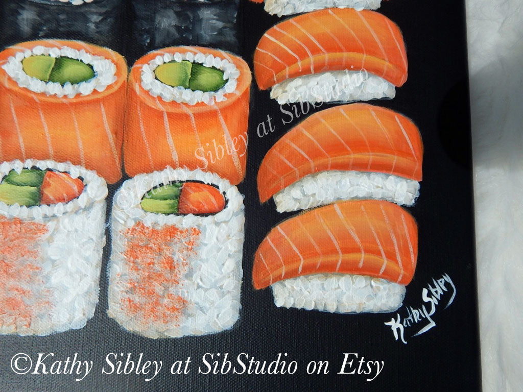 Sushi Bento Painting, Original Acrylic Painting, 14 x 11 inches, Gallery Wrapped Canvas, Sushi Home Decor, Saimaki & Nigiri Sushi Painting