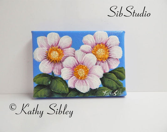 Dahlias Miniature Painting, Original Artwork, 2.5 x 3.5 inches ( 63.5 x 88.9mm ),  Original Acrylic Painting, Patio Dahlias Painting