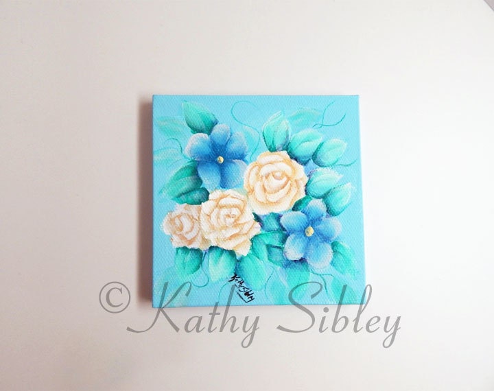 Roses Voilas Painting, Miniature Original Painting, 4 x 4 inches, Roses Acrylic Painting, Cream Roses with Violas on Sky Blue Painting