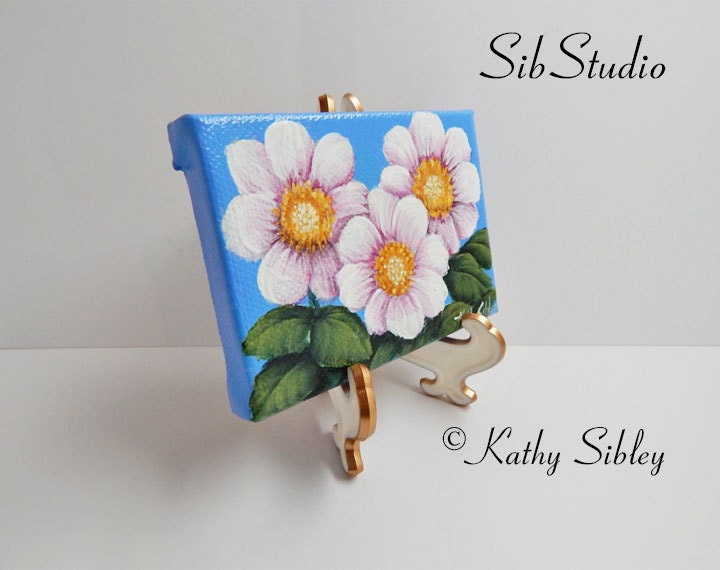 Dahlias Miniature Painting, Original Artwork, 2.5 x 3.5 inches ( 63.5 x 88.9mm ),  Original Acrylic Painting, Patio Dahlias Painting