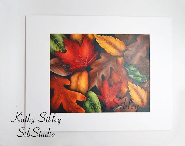 Fall Leaves Painting,  Original Art, 8 x 10"  Matted 11 x 14", Acrylic on Watercolor Paper, Autumn Leaves Painting, Maple and Oak Leaves Art