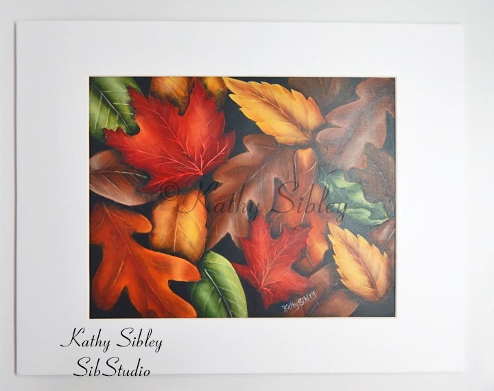 Fall Leaves Painting,  Original Art, 8 x 10"  Matted 11 x 14", Acrylic on Watercolor Paper, Autumn Leaves Painting, Maple and Oak Leaves Art