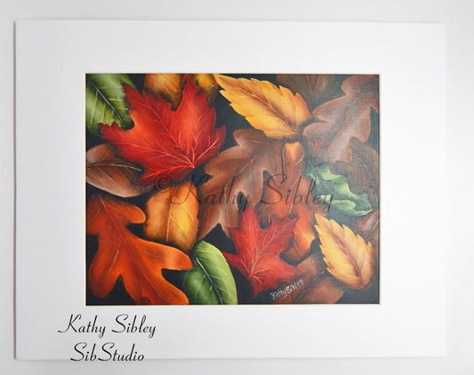 Fall Leaves Painting,  Original Art, 8 x 10"  Matted 11 x 14", Acrylic on Watercolor Paper, Autumn Leaves Painting, Maple and Oak Leaves Art