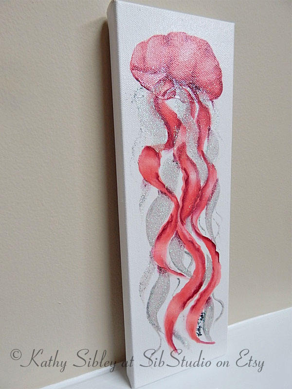 Pink Jellyfish Painting, Acrylic Painting, Original Art, 4 x 12 inches, Gallery Wrapped Canvas, Jellyfish Home Decor Art, Nautical Art