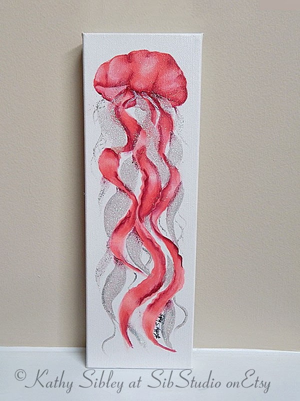 Pink Jellyfish Painting, Acrylic Painting, Original Art, 4 x 12 inches, Gallery Wrapped Canvas, Jellyfish Home Decor Art, Nautical Art