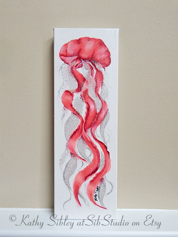 Pink Jellyfish Painting, Acrylic Painting, Original Art, 4 x 12 inches, Gallery Wrapped Canvas, Jellyfish Home Decor Art, Nautical Art