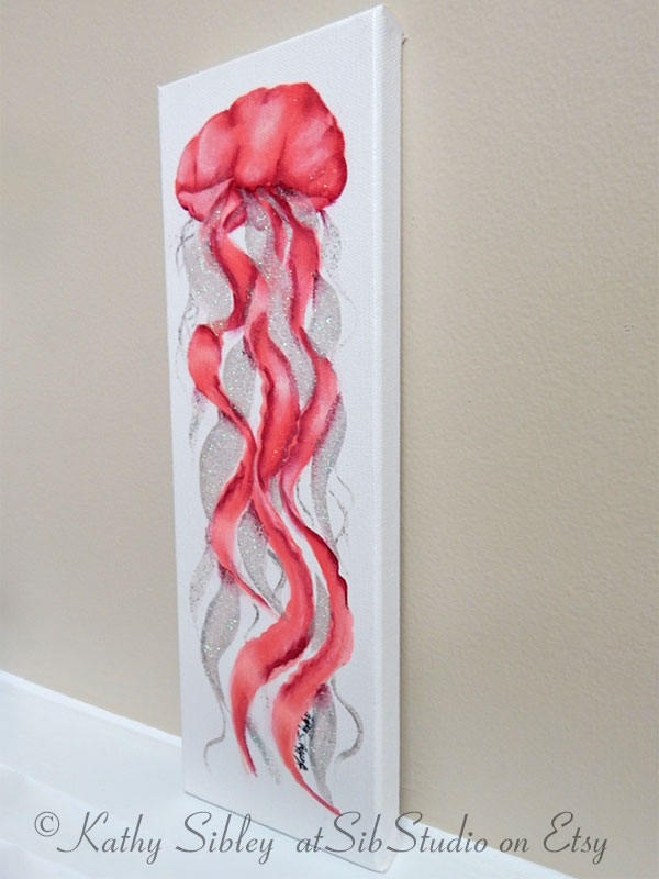 Pink Jellyfish Painting, Acrylic Painting, Original Art, 4 x 12 inches, Gallery Wrapped Canvas, Jellyfish Home Decor Art, Nautical Art