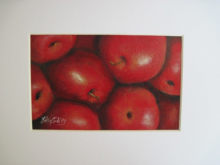 Red Apples Painting, Original Acrylic Painting, 4 x 6 " , Matted 8 x 10 inches, Apple Kitchen Art, Apple Home Decor Art, Teachers Gift