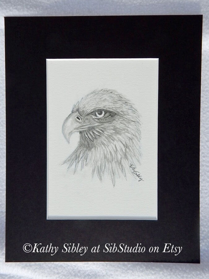 Eagles Graphite Drawing, Original Drawing, 5 x 7 ", Matted 8 x 10 ", Graphite Drawing on  Art Paper, Black and White Eagle, Eagle Wall Art