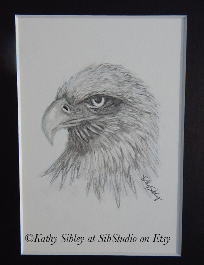 Eagles Graphite Drawing, Original Drawing, 5 x 7 ", Matted 8 x 10 ", Graphite Drawing on  Art Paper, Black and White Eagle, Eagle Wall Art