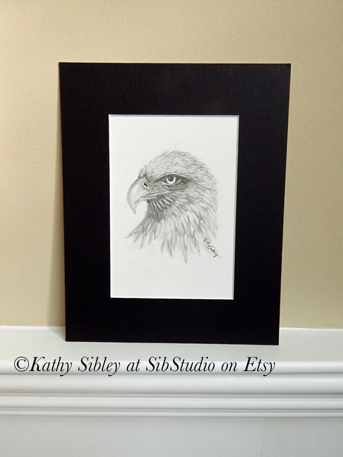 Eagles Graphite Drawing, Original Drawing, 5 x 7 ", Matted 8 x 10 ", Graphite Drawing on  Art Paper, Black and White Eagle, Eagle Wall Art