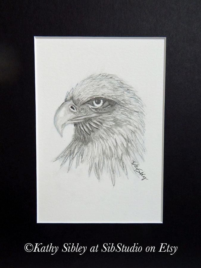 Eagles Graphite Drawing, Original Drawing, 5 x 7 ", Matted 8 x 10 ", Graphite Drawing on  Art Paper, Black and White Eagle, Eagle Wall Art