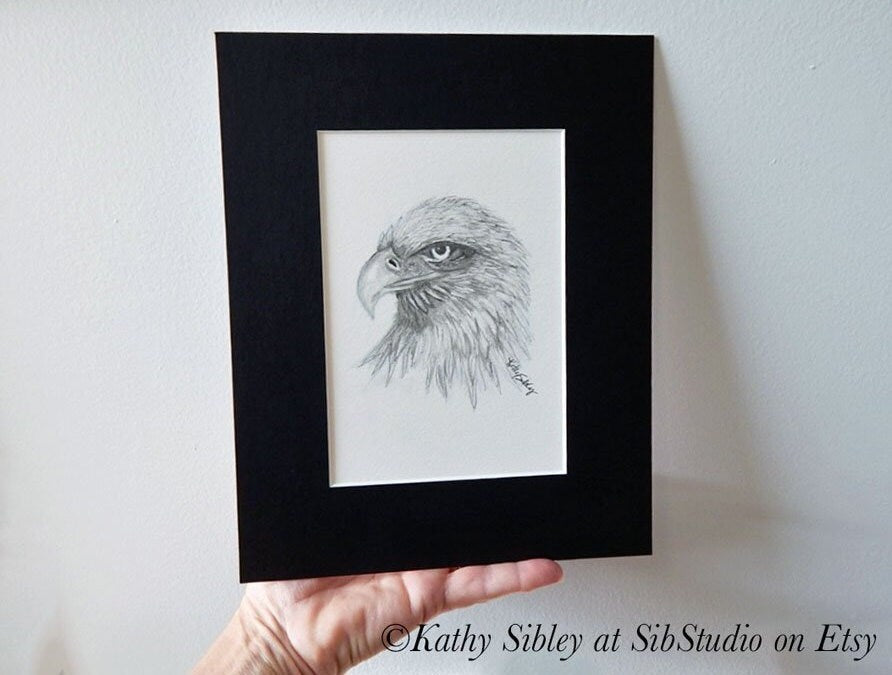 Eagles Graphite Drawing, Original Drawing, 5 x 7 ", Matted 8 x 10 ", Graphite Drawing on  Art Paper, Black and White Eagle, Eagle Wall Art