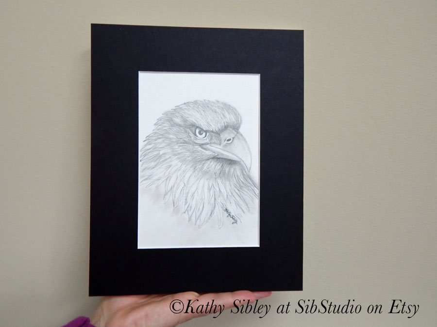 Eagle Graphite Drawing, Original Drawing, 5 x 7 ", Matted 8 x 10 ", Graphite Pencil Drawing, Eagle Portrait Art, Eagle Wall Art