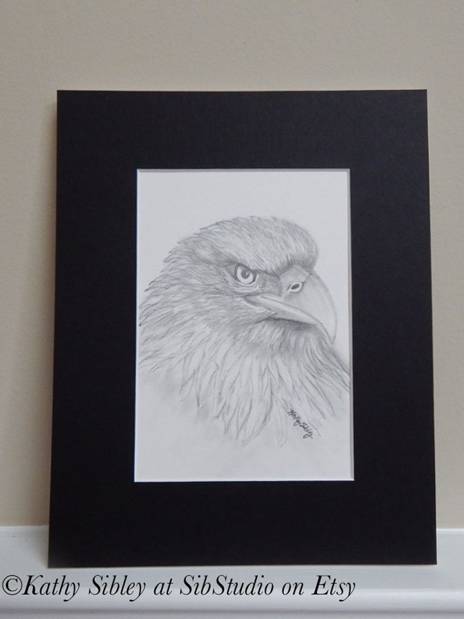 Eagle Graphite Drawing, Original Drawing, 5 x 7 ", Matted 8 x 10 ", Graphite Pencil Drawing, Eagle Portrait Art, Eagle Wall Art