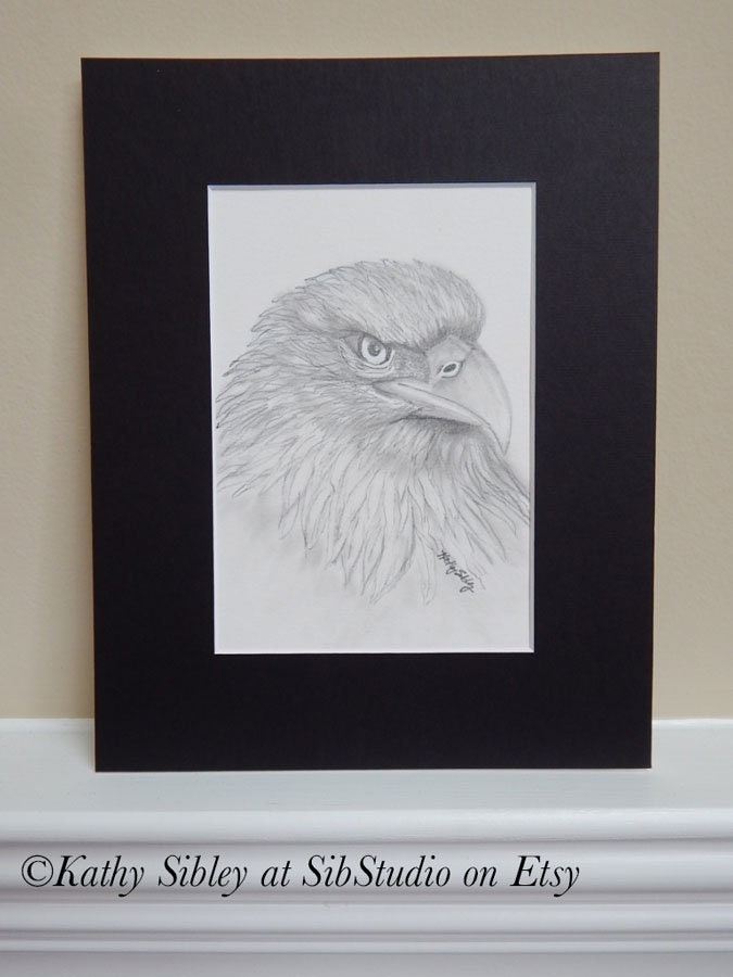 Eagle Graphite Drawing, Original Drawing, 5 x 7 ", Matted 8 x 10 ", Graphite Pencil Drawing, Eagle Portrait Art, Eagle Wall Art