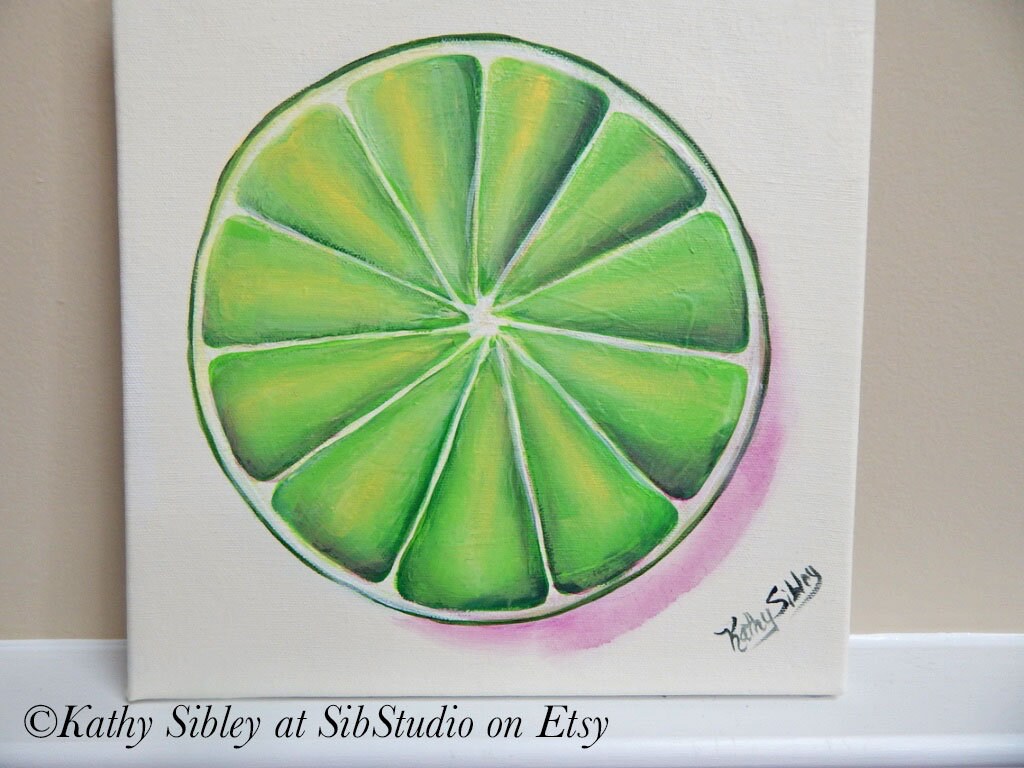 Lime Slice Painting, Original Art, 10 x 10 ", Gallery Wrapped Canvas, Original Acrylic Painting, Fruit Kitchen Painting, Lime Home Decor