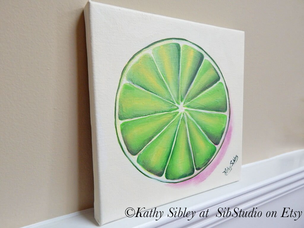 Lime Slice Painting, Original Art, 10 x 10 ", Gallery Wrapped Canvas, Original Acrylic Painting, Fruit Kitchen Painting, Lime Home Decor