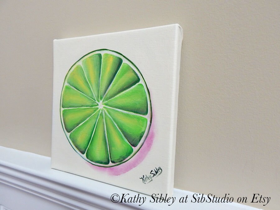 Lime Slice Painting, Original Art, 10 x 10 ", Gallery Wrapped Canvas, Original Acrylic Painting, Fruit Kitchen Painting, Lime Home Decor