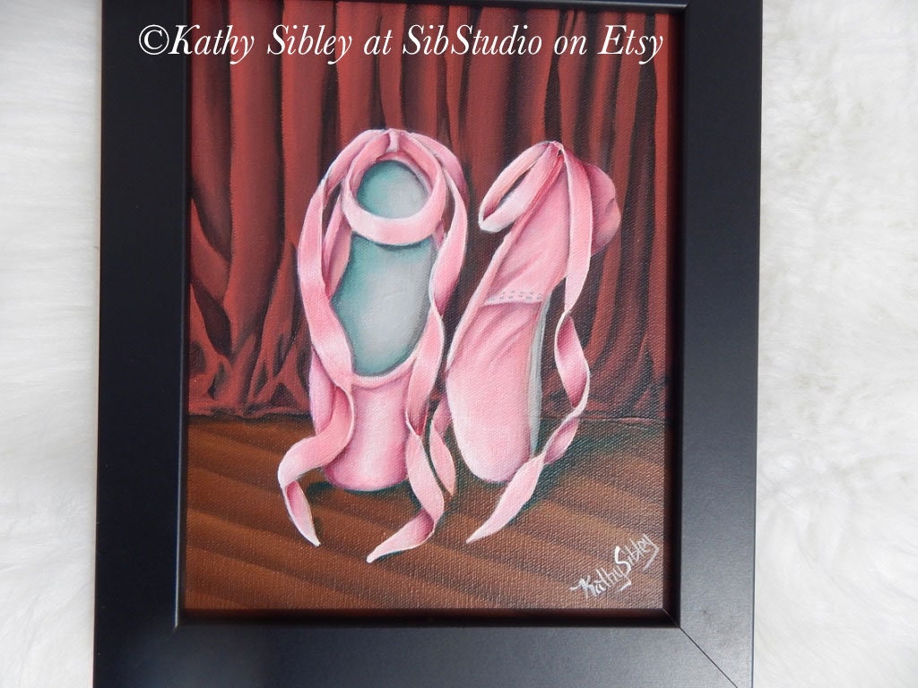 Ballet Slipper Painting,  Original Acrylic Painting ,  Framed, 10 x 12 inches, Shoe Painting, Ballet Shoe Painting, Ballet Home Decor Art