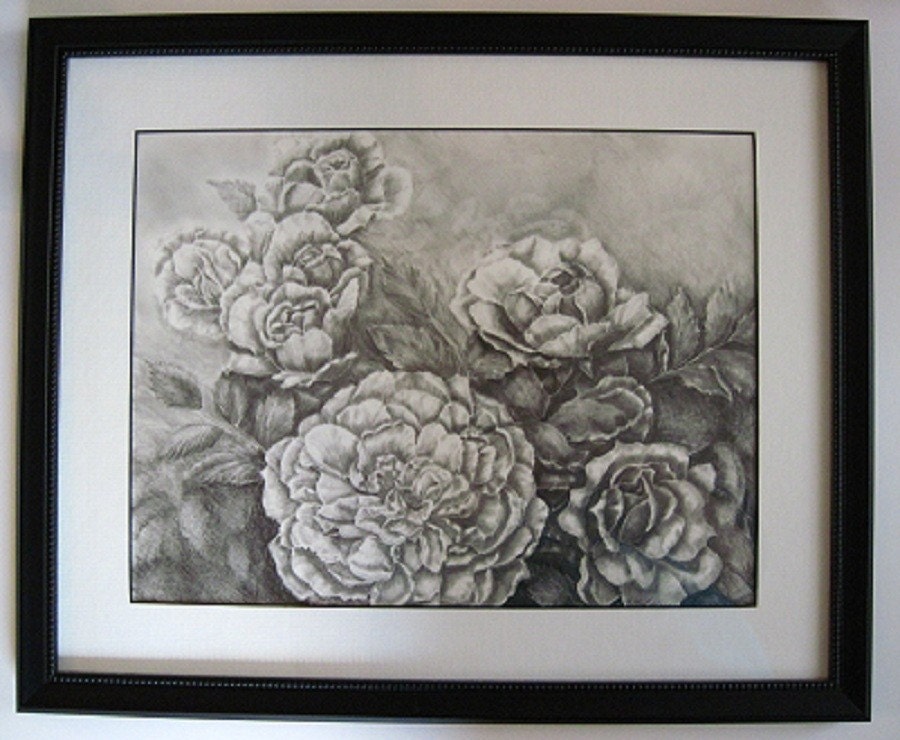 Roses Graphite Drawing, Framed Original Graphite Drawing, 17  x 14 ", Matted & Framed, Black and White Roses Art, Rose Illustration Wall Art