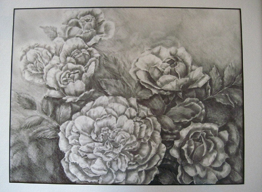 Roses Graphite Drawing, Framed Original Graphite Drawing, 17  x 14 ", Matted & Framed, Black and White Roses Art, Rose Illustration Wall Art