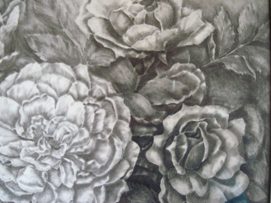 Roses Graphite Drawing, Framed Original Graphite Drawing, 17  x 14 ", Matted & Framed, Black and White Roses Art, Rose Illustration Wall Art