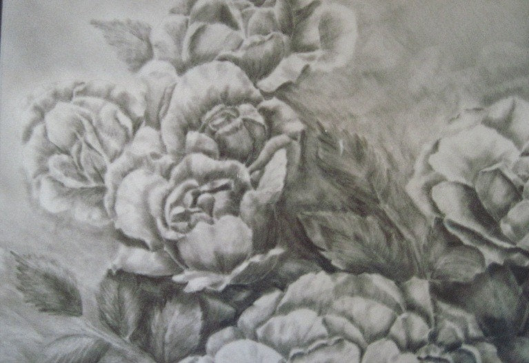 Roses Graphite Drawing, Framed Original Graphite Drawing, 17  x 14 ", Matted & Framed, Black and White Roses Art, Rose Illustration Wall Art