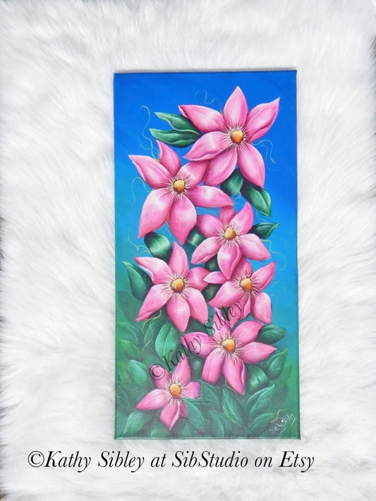 Pink Clematis Painting, Original Acrylic Painting, 12 x 24 inches, Gallery Wrapped Canvas, Clematis Wall Art, Pink Clematis Home Decor Art