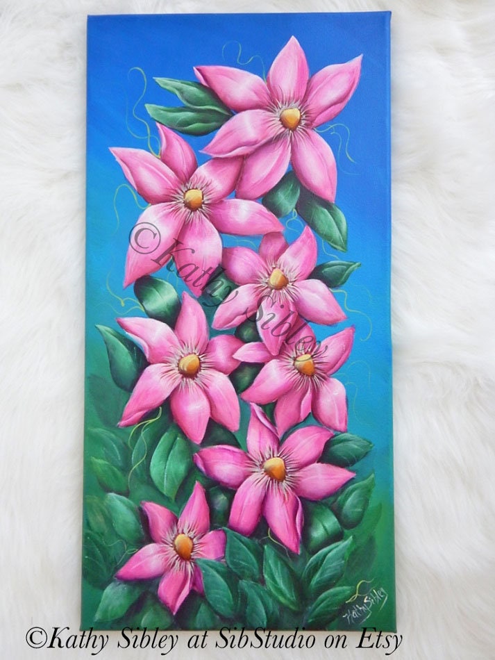 Pink Clematis Painting, Original Acrylic Painting, 12 x 24 inches, Gallery Wrapped Canvas, Clematis Wall Art, Pink Clematis Home Decor Art