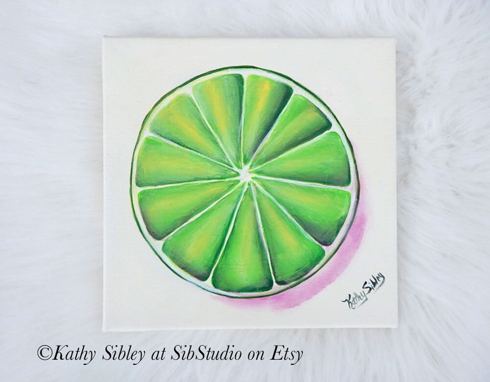 Lime Slice Painting, Original Art, 10 x 10 ", Gallery Wrapped Canvas, Original Acrylic Painting, Fruit Kitchen Painting, Lime Home Decor