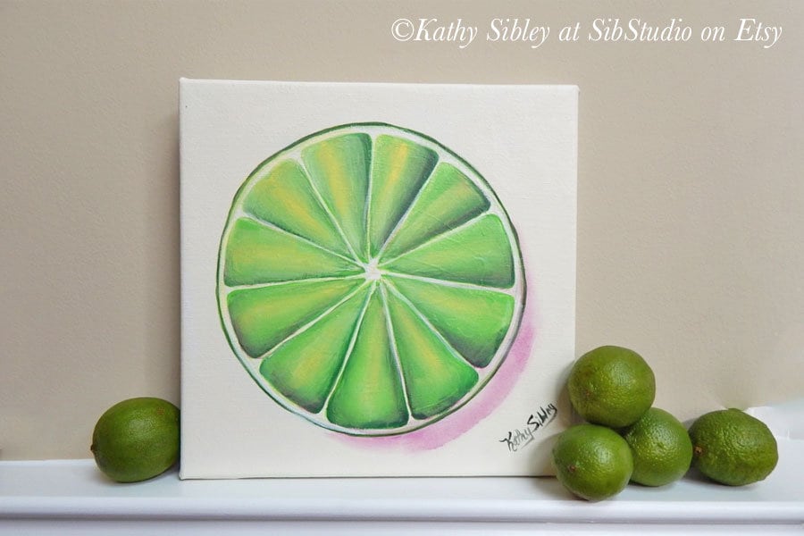 Lime Slice Painting, Original Art, 10 x 10 ", Gallery Wrapped Canvas, Original Acrylic Painting, Fruit Kitchen Painting, Lime Home Decor