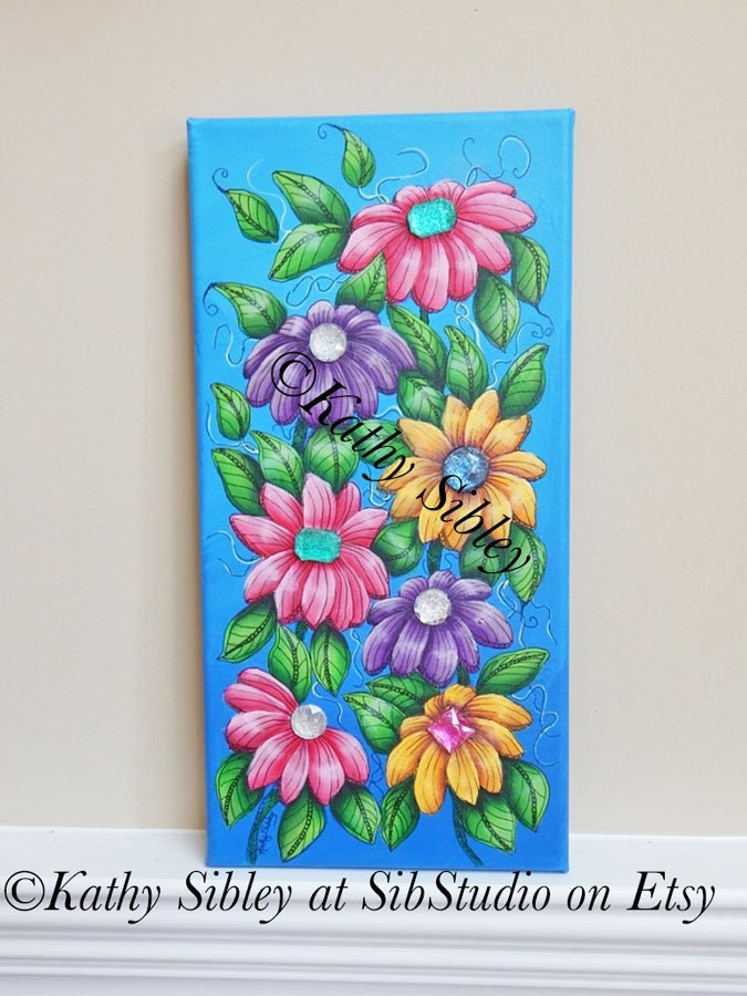 Daisy Jewels Painting, Original Acrylic Painting, 8 x 16 inches, Gallery Wrapped Canvas, Whimsical Daisy Wall Art, Gemstone Daisy Home Decor