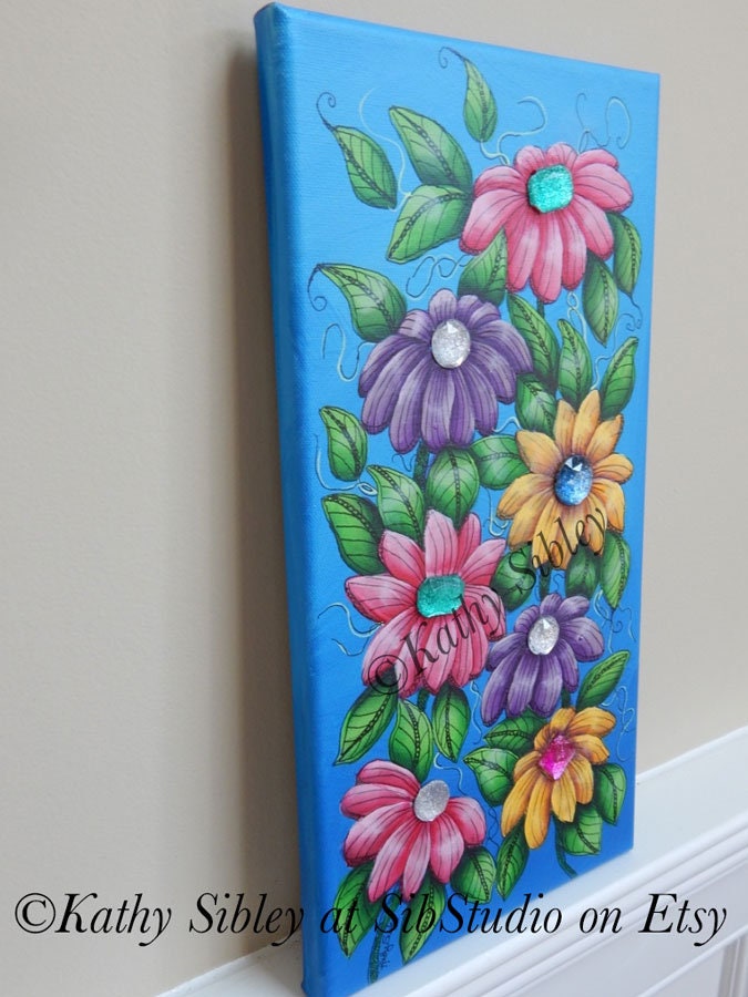 Daisy Jewels Painting, Original Acrylic Painting, 8 x 16 inches, Gallery Wrapped Canvas, Whimsical Daisy Wall Art, Gemstone Daisy Home Decor